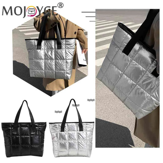 Women Space Padded Nylon Quilted Top-handle Bag Solid Zipper Handbag