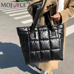 Women Space Padded Nylon Quilted Top-handle Bag Solid Zipper Handbag