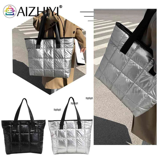 Women Space Padded Nylon Top-handle Bag Solid Zipper Handbag