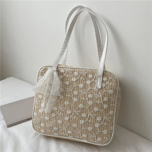 Women Lace Flower Shoulder Underarm Bags Straw Woven Handbags