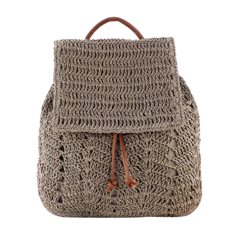 Straw Backpack Shoulders Bag Woven Casual Beach Top Handle Bag for Women