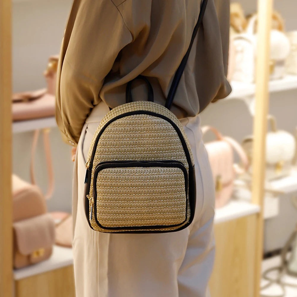 Women Straw Backpack Summer Beach Hand-Woven Leather Schoolbags