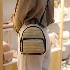 Women Straw Backpack Summer Beach Hand-Woven Leather Schoolbags