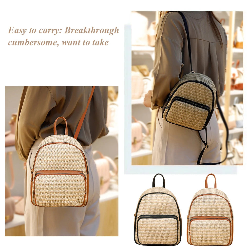 Women Straw Backpack Summer Beach Hand-Woven Leather Schoolbags