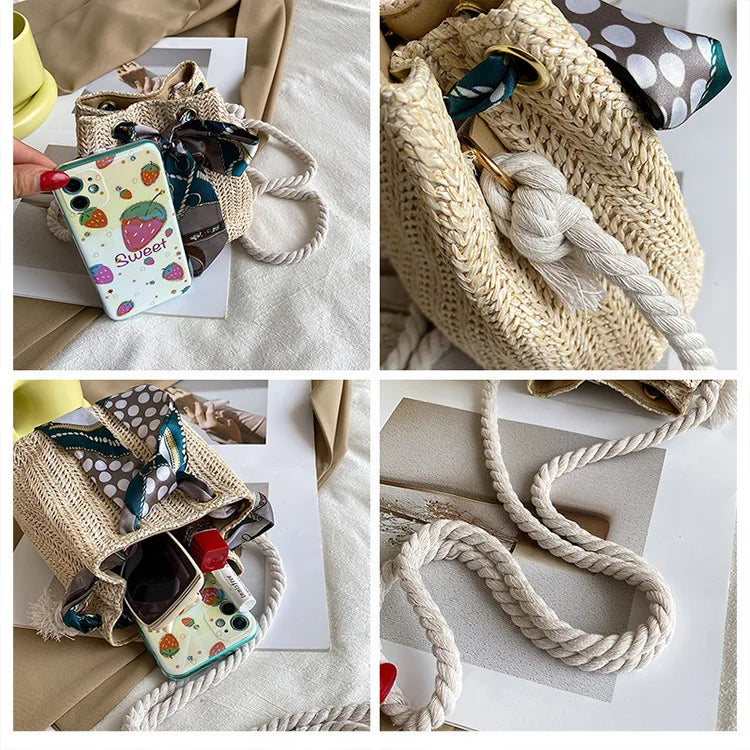 Straw Bucket Bag with Bow Scarf Drawstring