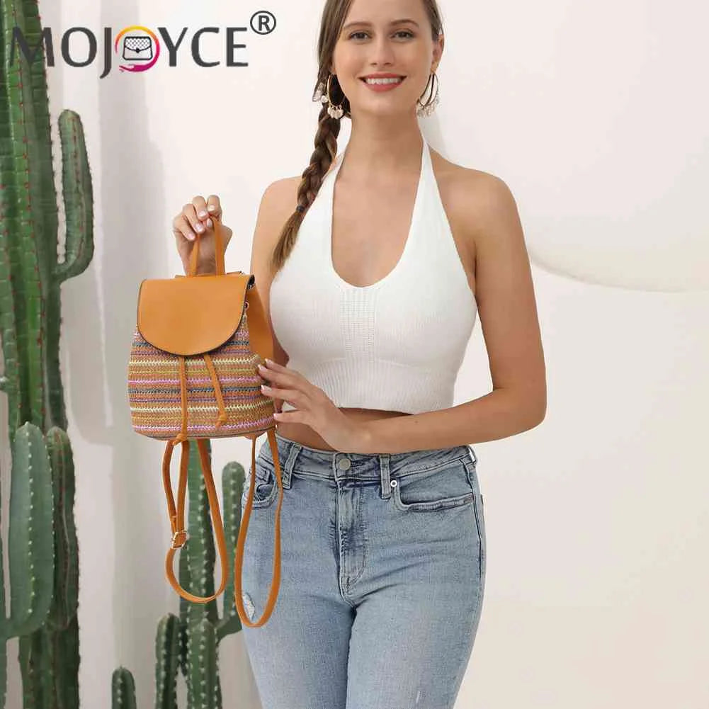 Women Straw Embroidery Shoulder Backpack Boho Ethnic Summer Beach Bucket Bag