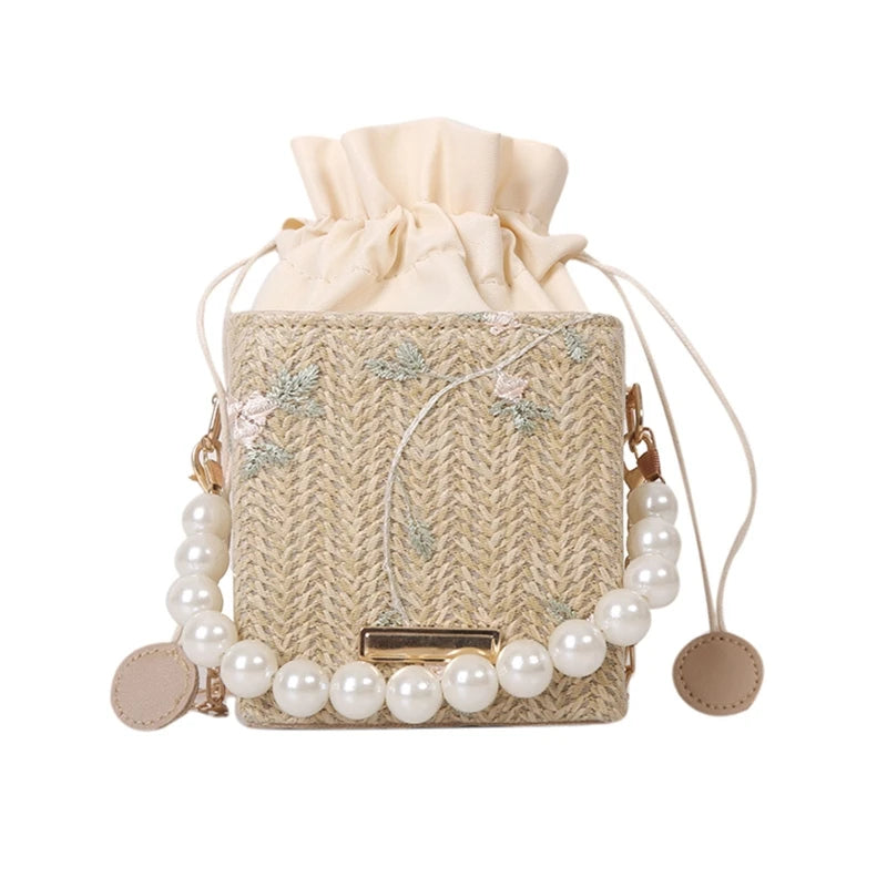 Women Straw Purses with Peral Chain Crossbody Bags