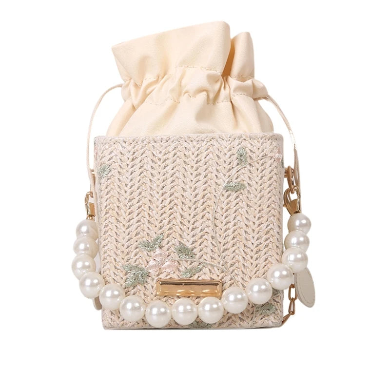 Women Straw Purses with Peral Chain Crossbody Bags
