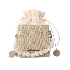 Women Straw Purses with Peral Chain Crossbody Bags