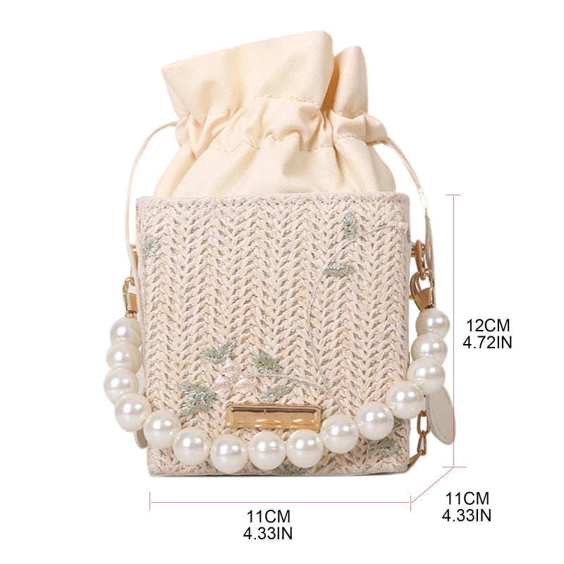 Women Straw Purses with Peral Chain Crossbody Bags
