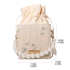 Women Straw Purses with Peral Chain Crossbody Bags