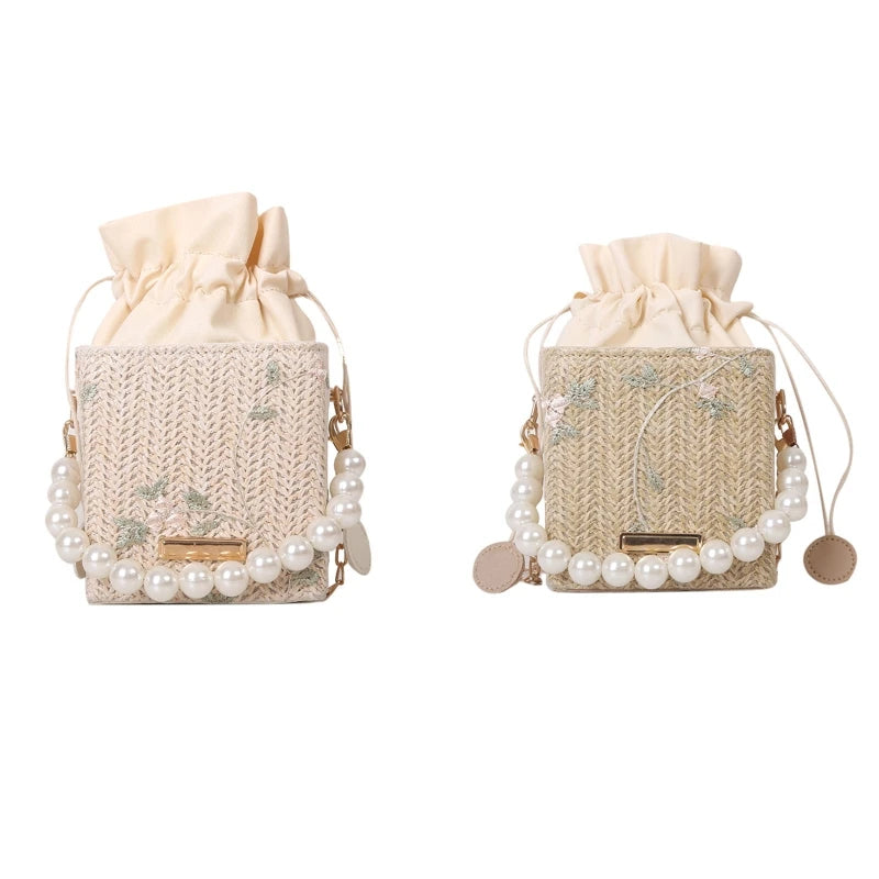Women Straw Purses with Peral Chain Crossbody Bags