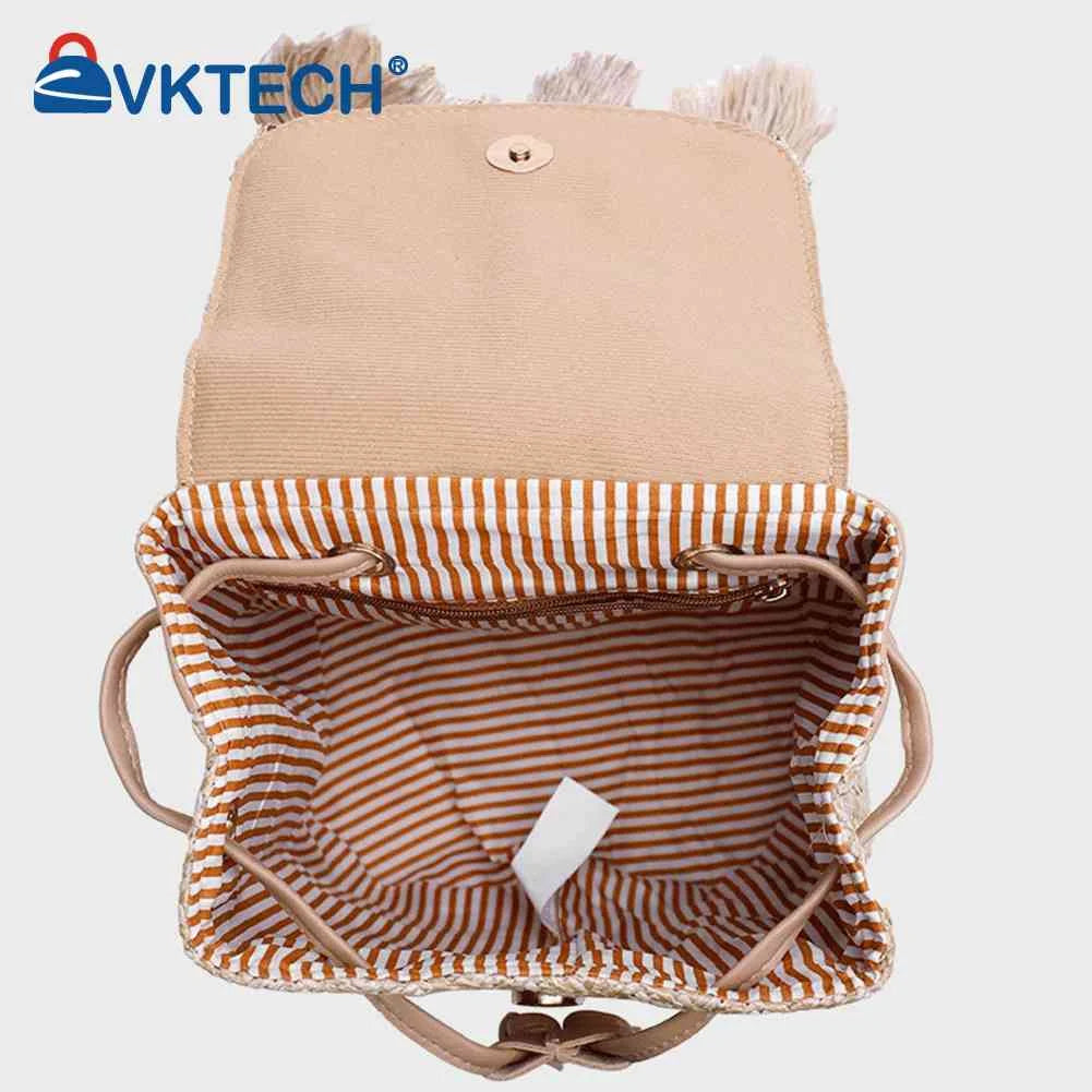 Straw Shoulder Backpack with Tassel Boho Beach Bucket Purse