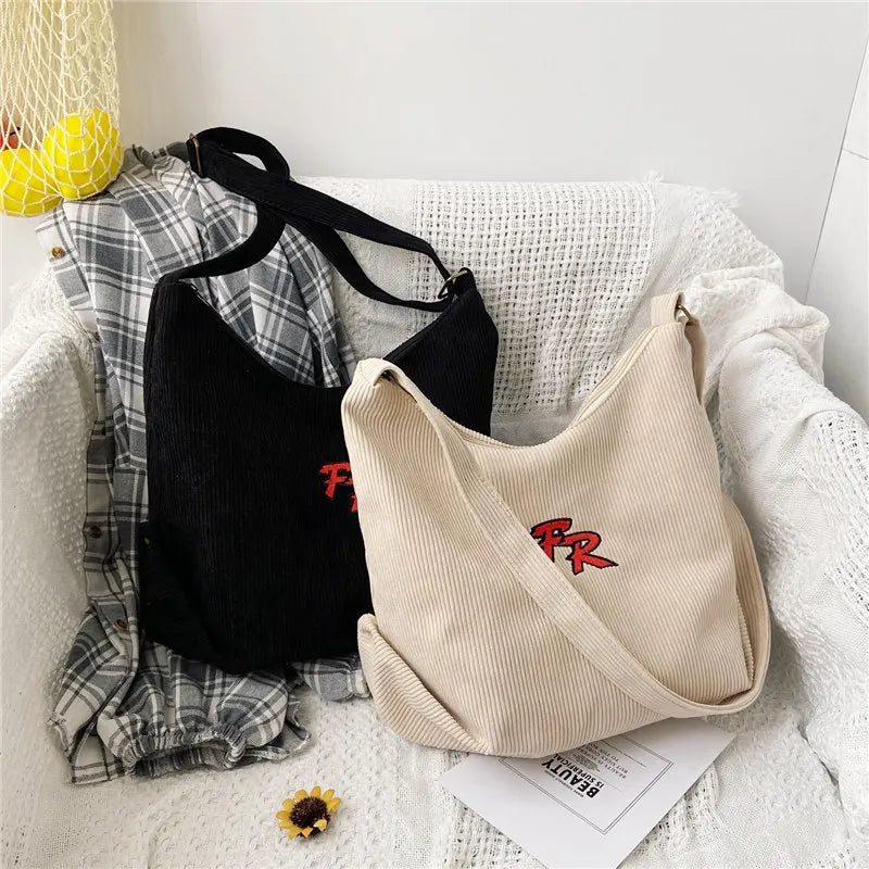 Striped Corduroy Crossbody Shoulder Bag Eco Cloth Purse
