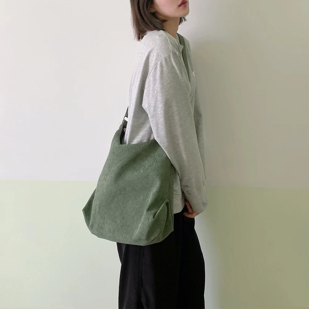 Striped Corduroy Crossbody Bag Canvas Zipper Eco Cloth Purse