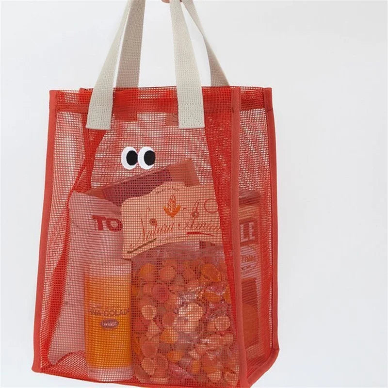 Eye Print Women Beach Bag Tote Bag Mesh Fabric Reusable Shopping Shoulder Bag