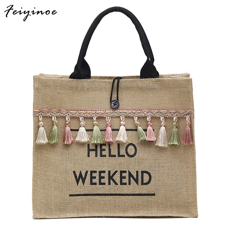 Women Summer Beach Bags Large Capacity Shoulder Bag Tassel Linen Totes