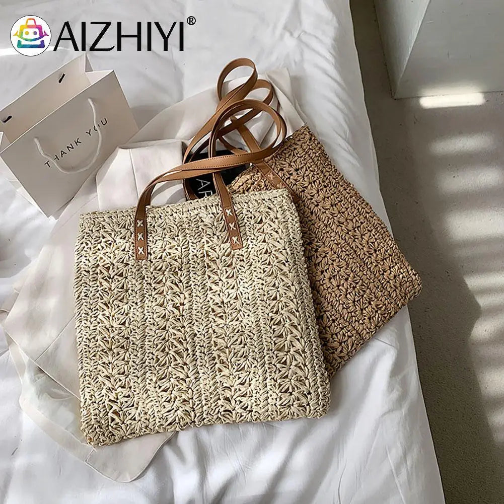 Women Straw Hand-woven Top-handle Bag Large Capacity Bohemian Shoulder Bag
