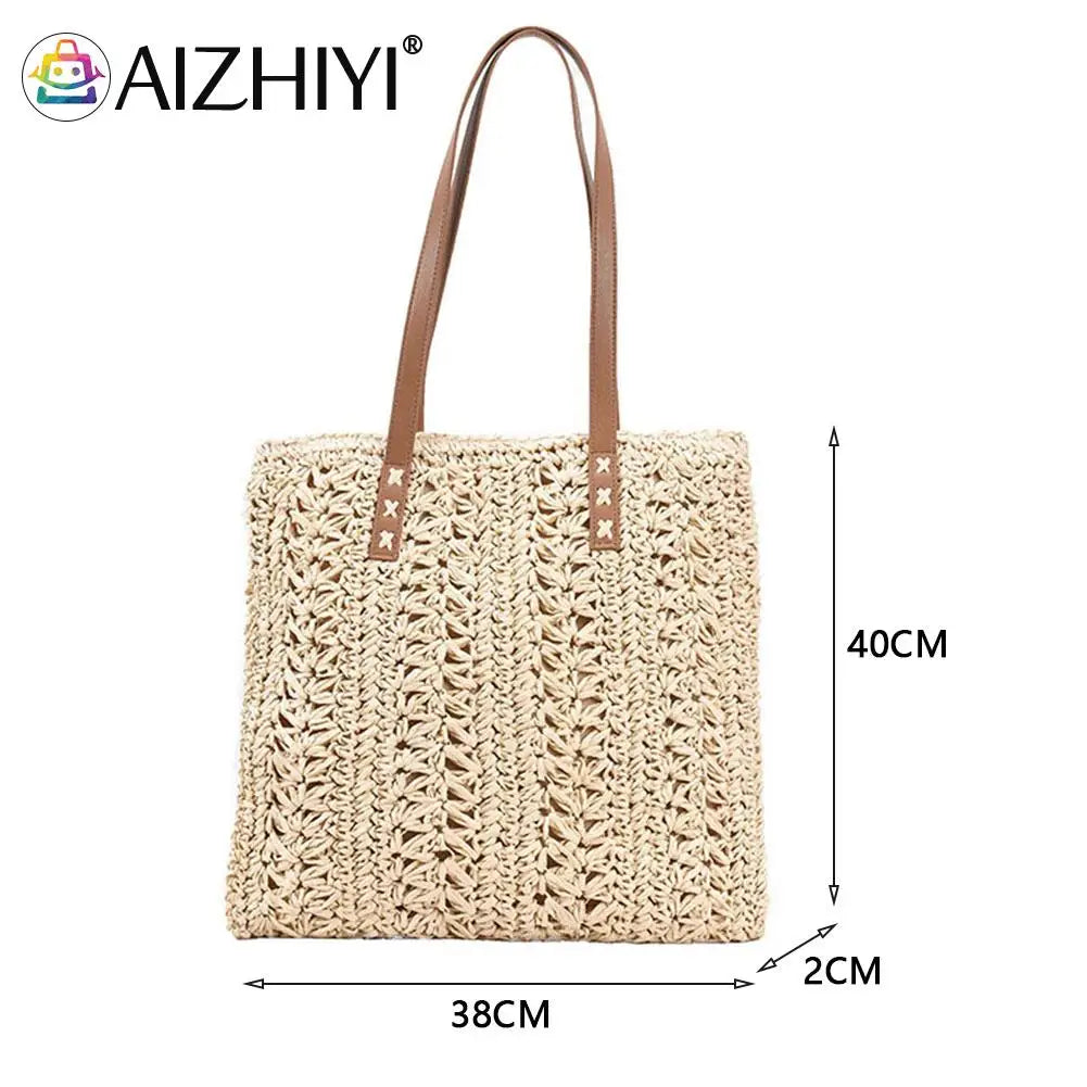 Women Straw Hand-woven Top-handle Bag Large Capacity Bohemian Shoulder Bag