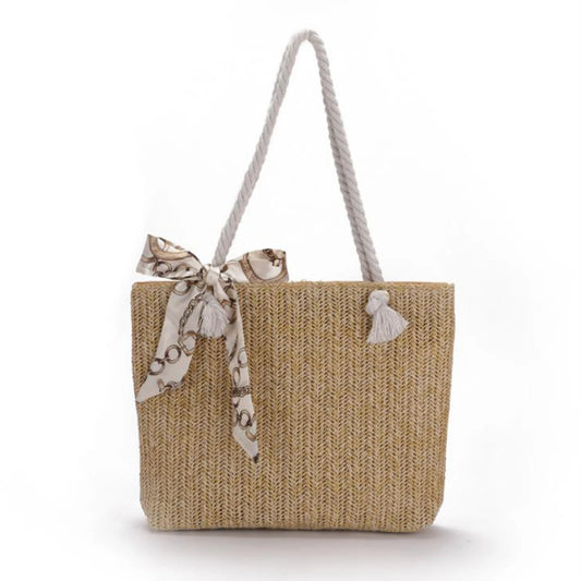 Straw Shoulder Bag with Silk Scarf, Lightweight Tote Purse for Women