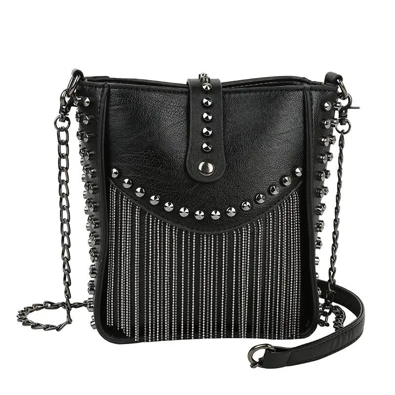 Tassel Shoulder Bag Rivet Messenger Crossbody Bucket Bag for Women