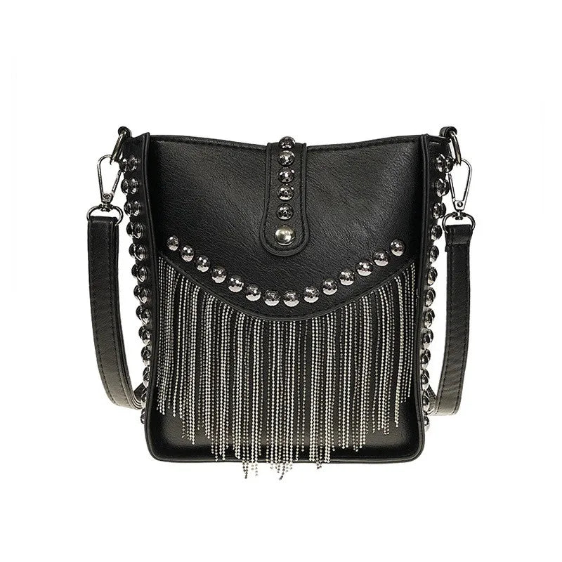 Tassel Shoulder Bag Rivet Messenger Crossbody Bucket Bag for Women