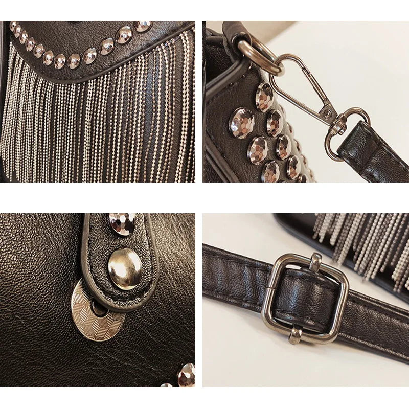 Tassel Shoulder Bag Rivet Messenger Crossbody Bucket Bag for Women