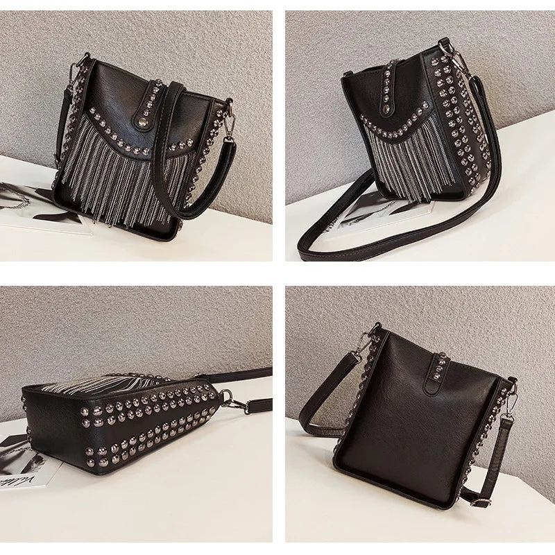 Tassel Shoulder Bag Rivet Messenger Crossbody Bucket Bag for Women