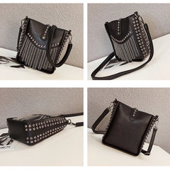 Tassel Shoulder Bag Rivet Messenger Crossbody Bucket Bag for Women