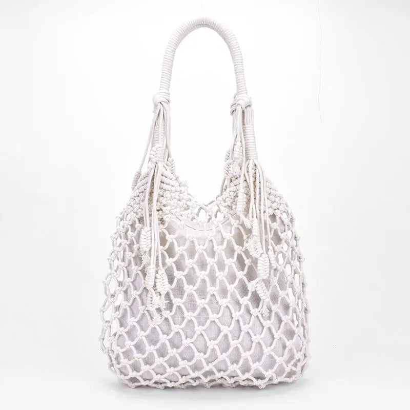 Women Tassels Handbag Hollow Mesh Woven Bag Mori Straw Beach Bag