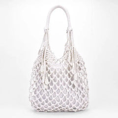 Women Tassels Handbag Hollow Mesh Woven Bag Mori Straw Beach Bag