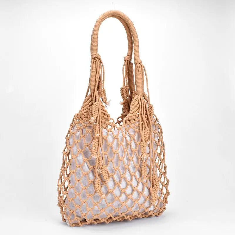 Women Tassels Handbag Hollow Mesh Woven Bag Mori Straw Beach Bag