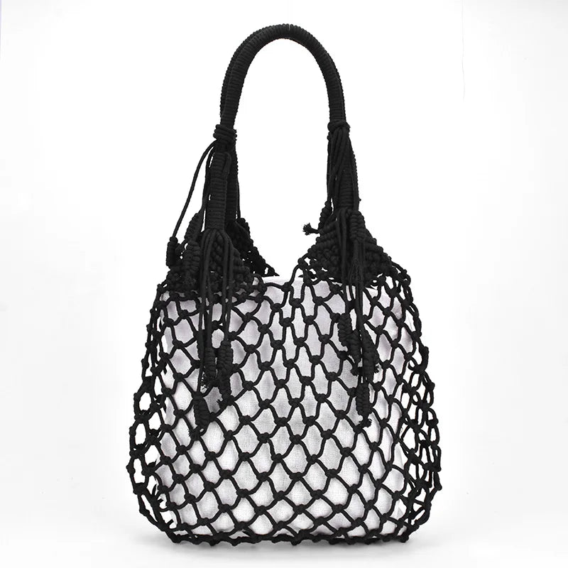 Women Tassels Handbag Hollow Mesh Woven Bag Mori Straw Beach Bag