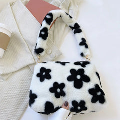 Plush Flower Print Top-Handle Crossbody Bag for Women