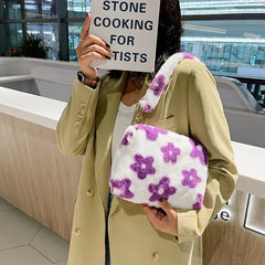 Plush Flower Print Top-Handle Crossbody Bag for Women