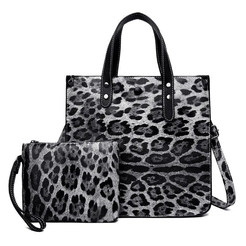 Leopard Print Women's Tote Handbag Set with Metal Chain Shoulder Bag