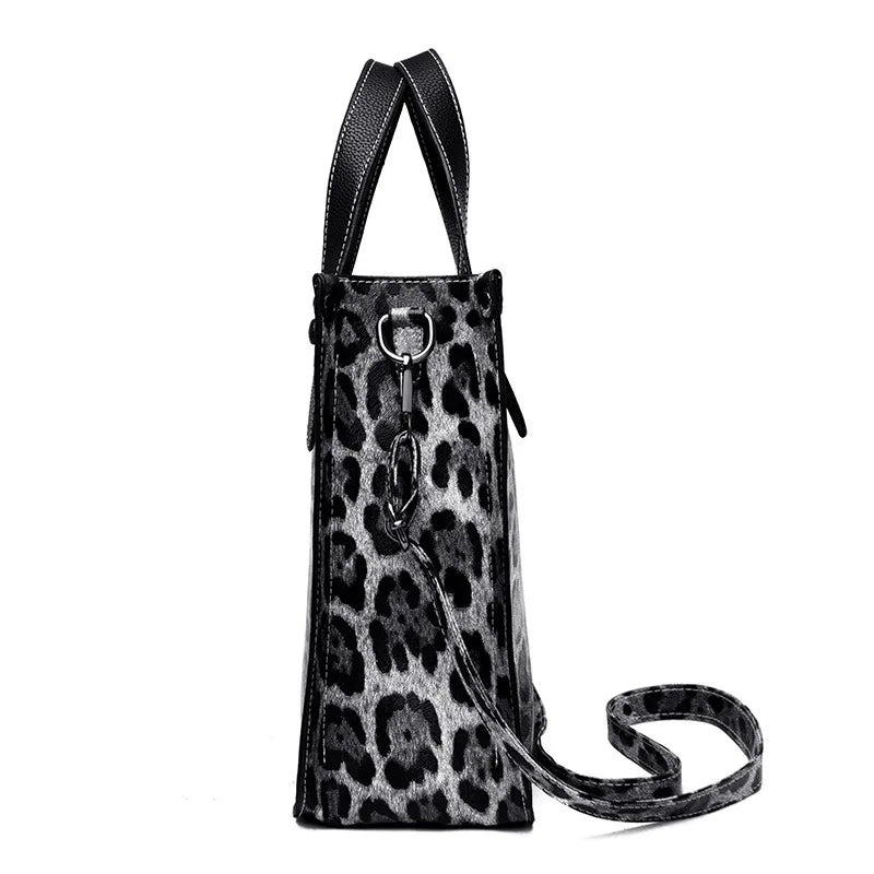 Leopard Print Women's Tote Handbag Set with Metal Chain Shoulder Bag
