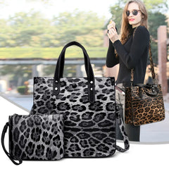 Leopard Print Women's Tote Handbag Set with Metal Chain Shoulder Bag