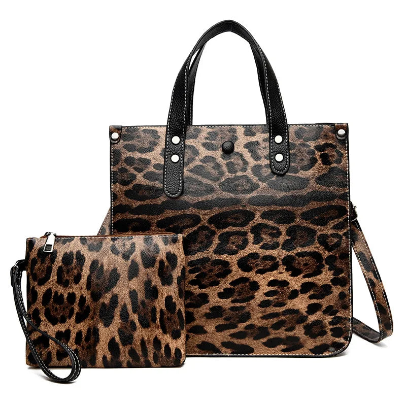Leopard Tote Handbag Set with Chain Shoulder Bag and Wallet