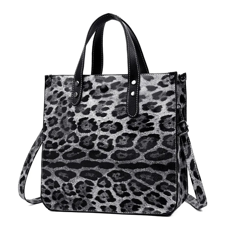 Leopard Print Women's Tote Handbag Set with Metal Chain Shoulder Bag