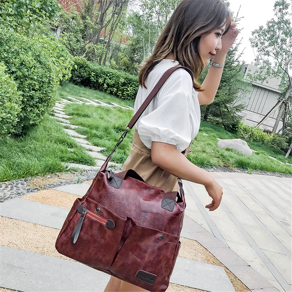 Women Tote Shoulder Bag Multi-pocket Casual Large Capacity PU Leather Handbag