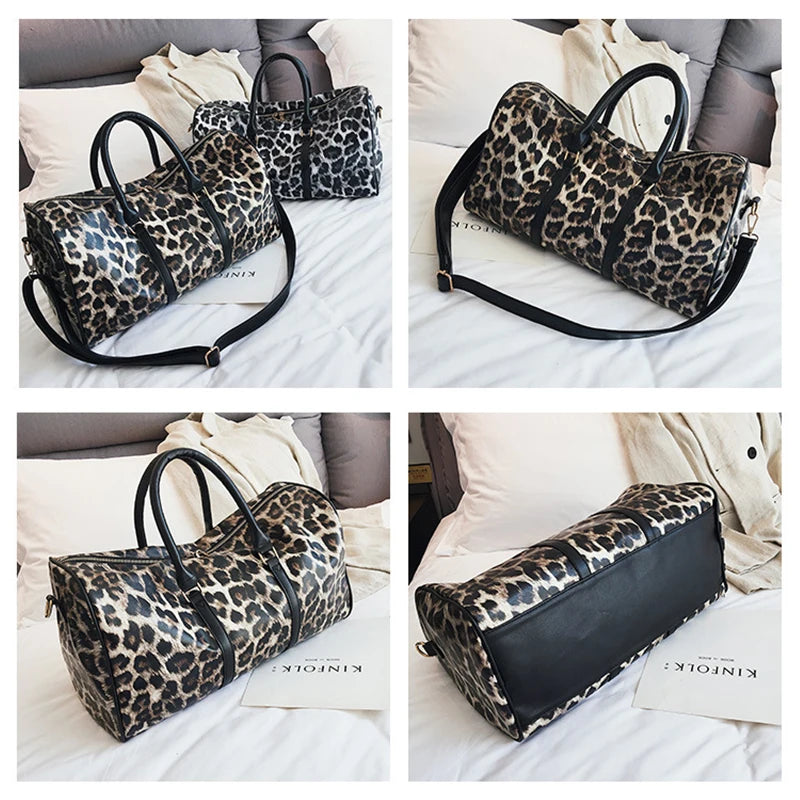 Leopard PU Leather Large Capacity Women Travel Bag Shoulder Organizer
