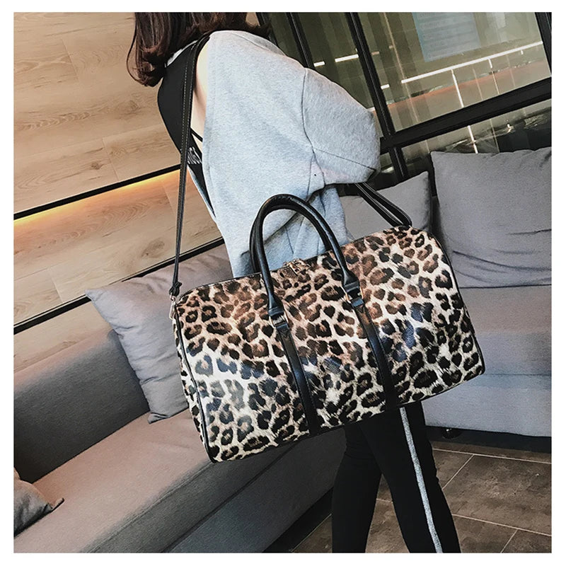 Leopard PU Leather Large Capacity Women Travel Bag Shoulder Organizer