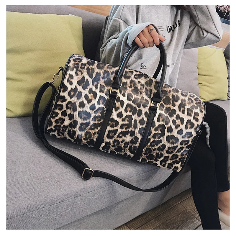Leopard PU Leather Large Capacity Women Travel Bag Shoulder Organizer