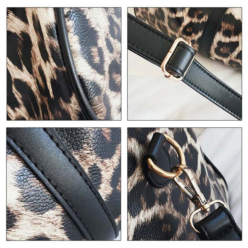Leopard PU Leather Large Capacity Women Travel Bag Shoulder Organizer