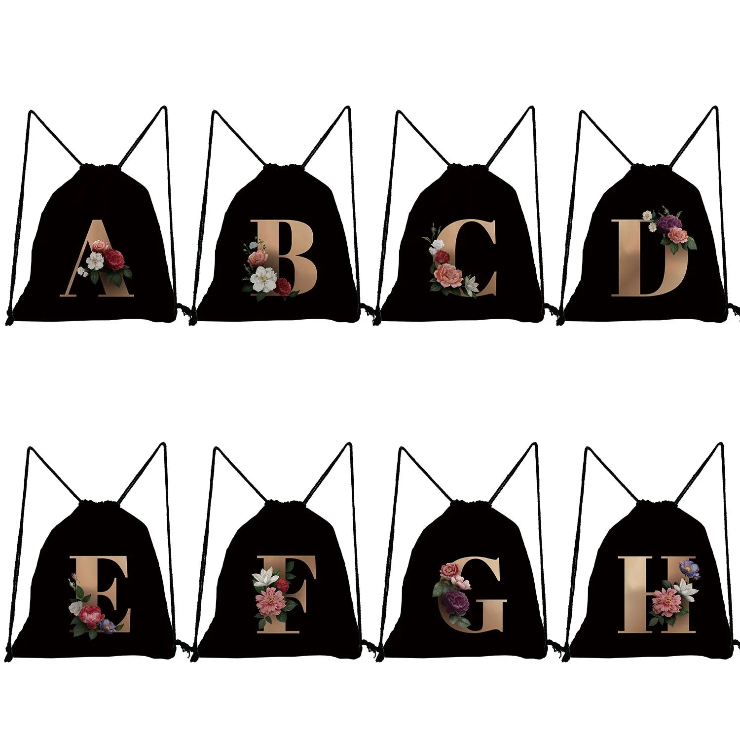 Initials Drawstring Backpack Flower Beauty Bag A-Z Letter Rope Softback