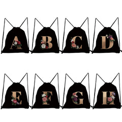 Initials Drawstring Backpack Flower Beauty Bag A-Z Letter Rope Softback