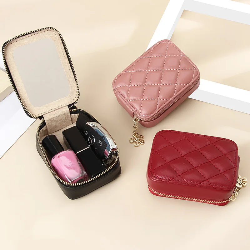 Women Travel Leather Lipstick Bag With Mirror Mini Portable Makeup Storage