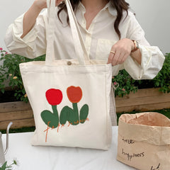 Tulip Embroidery Canvas Shoulder Bag Women's Casual Handbag Large Capacity Tote