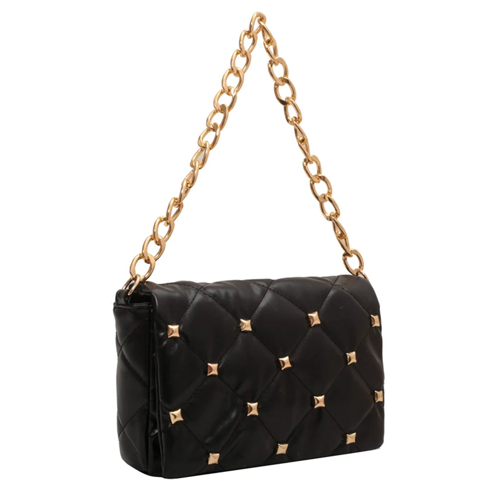 Women Rivet Metal Chain Small Top-handle Bag Casual Shoulder Bag Vintage PU Leat